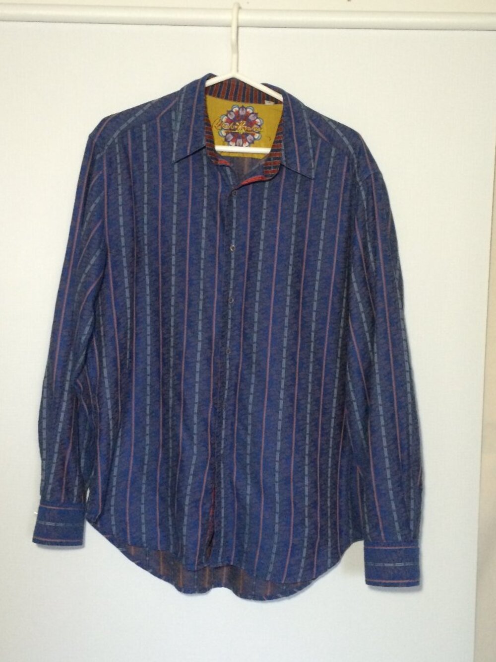 Robert Graham Mens Button Up Shirt Large Blue Striped Floral Print Long Sleeve
